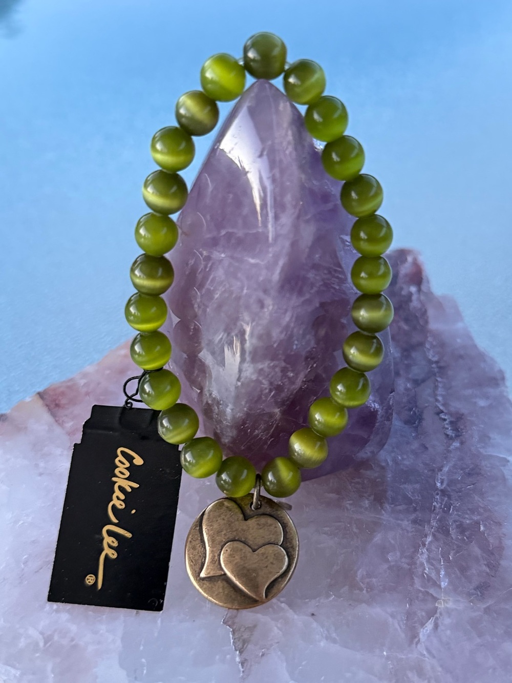 Cookie Lee Genuine Green Cat’s Eye Stretch Bracelet with Hearts and Love Charm